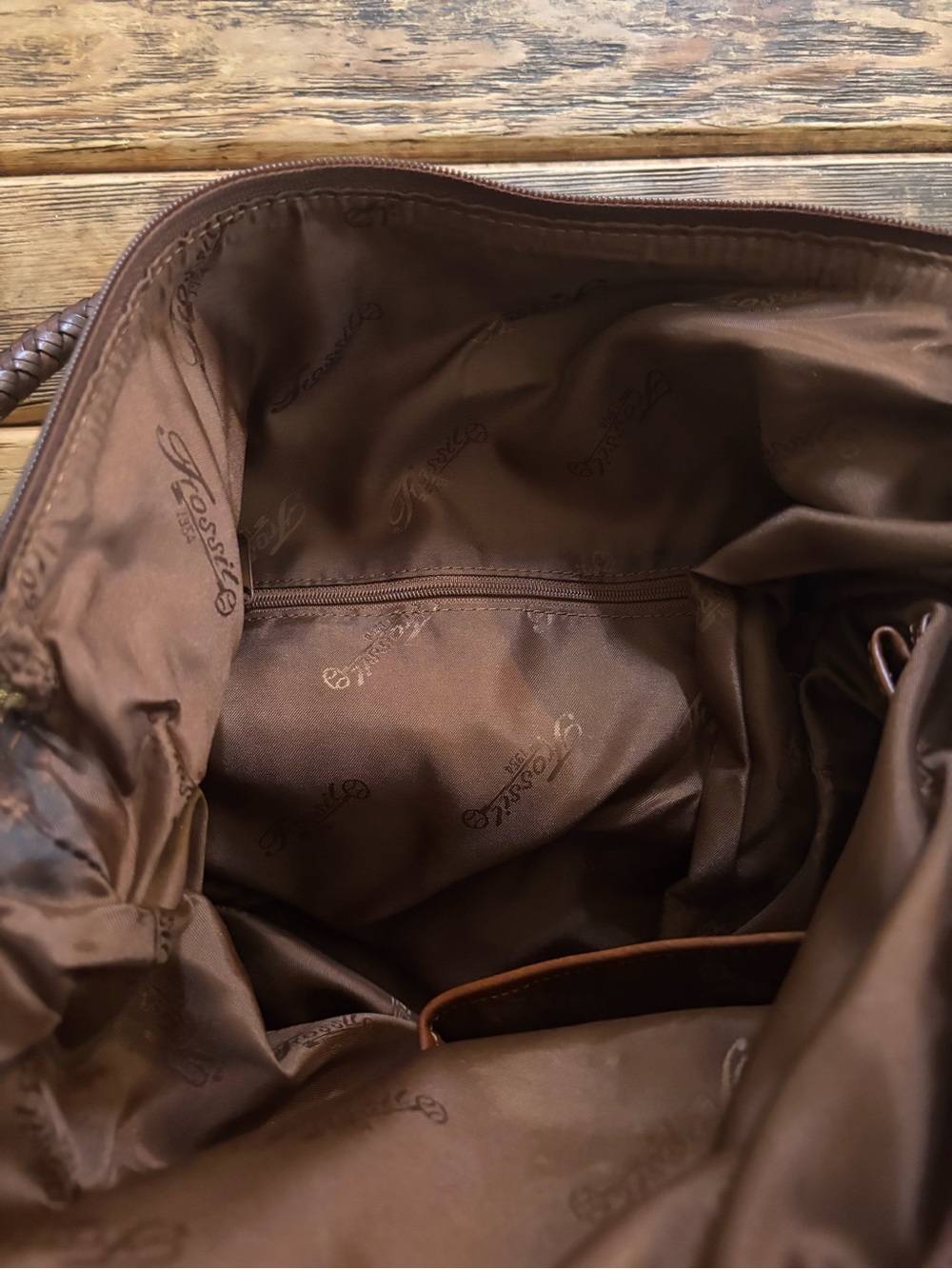 Fossil Brown Multi-Tone Woven Shoulder Bag with Leather Trim - Picture 3 of 5